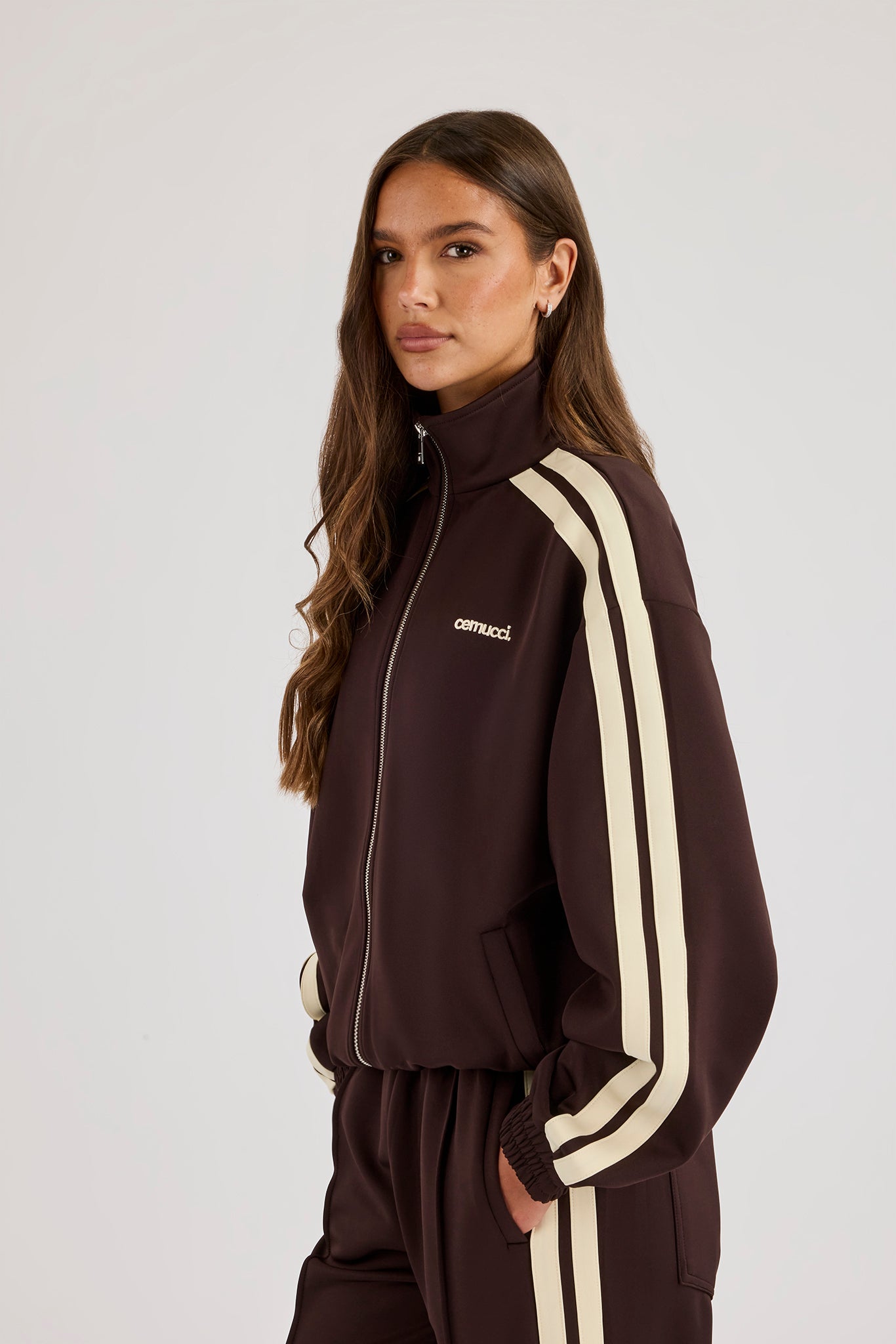Logo Embroidered Funnel Neck Zip Through Track Jacket Chocolate
